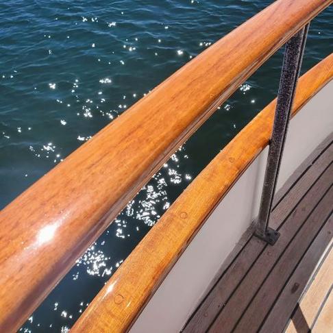 38' Grand Banks. Brightwork patches and repairs with 3 coats of Epifanes
